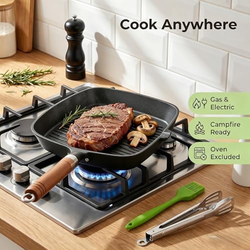 Cast Iron Grill Pan, 9 inch Griddle Pan Skillet with Wooden Handle, Kitchen Tong & Oil Brush included