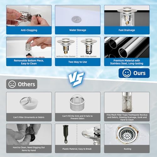 Hibbent Upgraded 3 in 1 Bathroom Sink Drain Strainer, Pop Up Stopper