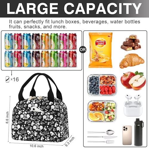 TESAFNG Lunch Bag - Insulated Lunch Box for Women, Reusable Large Capacity Cooler Bag for Adult, Small Leakproof Cute Corduroy Lunch Tote for Work Office Travel Picnic (Corduroy White-Flower)