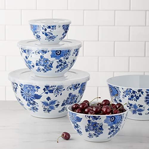 Amazon Basics Mixing Bowls with Lids, Nesting Melamine Serving Bowls, Non-Slip Base, BPA Free, Dishwasher Safe, 5 Sizes, Blue and White Floral, Set Of 10 (Pack of 2)