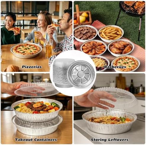50Pack 8" Round Aluminum Foil Pans with Clear Lids – Pie Tins Disposable to go Containers with lid for Baking, Storing Leftovers, and Meal Prep, Freezer & Oven Safe Baking Pan