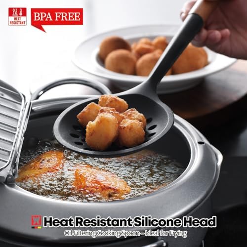 WAGENSTEIGER Silicon Cooking Skimmer Ladle with Wooden Handle: Slotted Cooking Spoon for Deep Frying Food, Food Separator, Heat Resistant, BPA Free, Gentle Head Design for Non-Stick Cookware