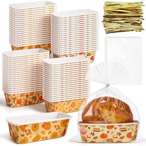 80 Sets Fall Paper Loaf Pan 6.3 x 2.2 x 2.2 Inch Disposable Mini Cake Pan with Clear Plastic Bags and Ties Rectangular Baking Mold for Thanksgiving Autumn Bread Brownies