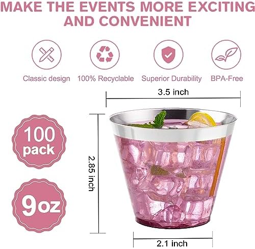 I00000 100PCS Silver Plastic Cups, 9 OZ Disposable Clear Plastic Cups