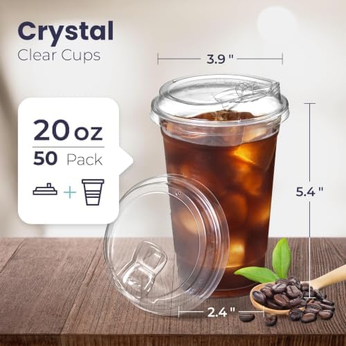 Fit Meal Prep 50 Pack 20 oz Clear Plastic Cups with Strawless Sip Lids, Disposable Plastic Coffee Cups with Lids, To Go Cups for Iced Coffee, Smoothies, Soda, Party Drinks, Bubble Tea, Cold Beverage