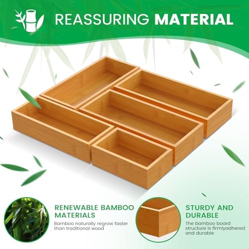 Bamboo Drawer Organizer Set, 5-Piece Storage Trays for Kitchen, Bathroom, Office Desk, Makeup & Junk Drawers,Utensils