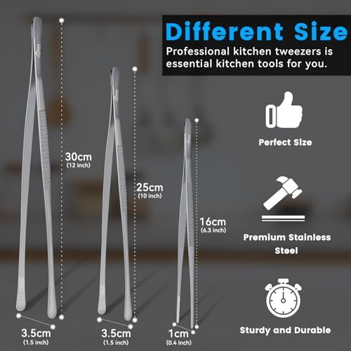 HOTEC Kitchen Tweezers Stainless Steel Cooking Tweezers 3 Pcs-6.3",10", 12"
