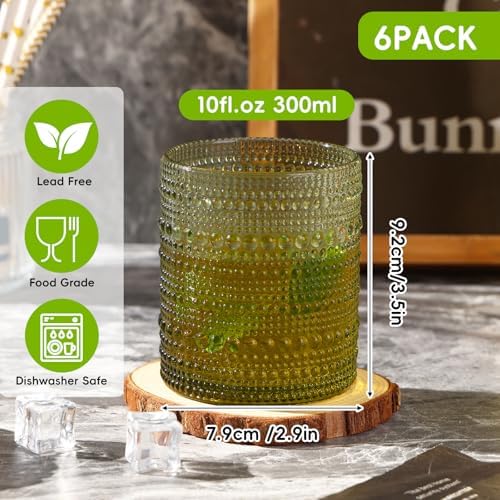 Moretoes 10oz Green Hobnail Drinking Glasses Set of 6 Cocktail Glasses