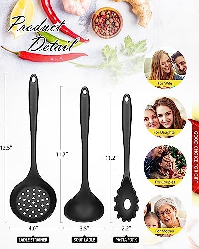 3 Pcs Silicone Kitchen Utensils Set, Soup Ladle-Pasta Fork-Slottede Spoon, Nonstick BPA Free High Heat Resistant Cooking Utensils for Mixing, Serving, Draining, Turning, Stirring