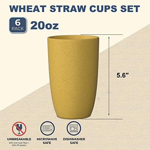 Wrova Wheat Straw Cups 6 PCS Good Alternative to Plastic Reusable Cups 20 oz Unbreakable Drinking Cup Reusable Dishwasher Safe Water Plastic Glasses Yellow Color