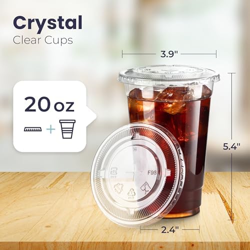 Fit Meal Prep 600 Pack 20 oz Clear Plastic Cups with Flat Lids, Disposable Iced Coffee Cups, BPA Free Premium Crystal Smoothie Cup for Party, Lemonade Stand, Cold Drinks, Juice, Milkshake