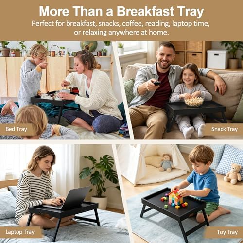 Bamboo Breakfast Trays with Folding Legs, Medium, 2-Pack, Black