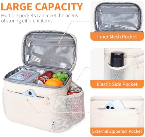 NOL Insulated Lunch Bag for Women Men Adults, Reusable Lunch Tote with Adjustable Shoulder Strap, Leakproof Thermal Food Cooler Bag with Front Pocket and Side Mesh Pockets for Work Travel, Cream