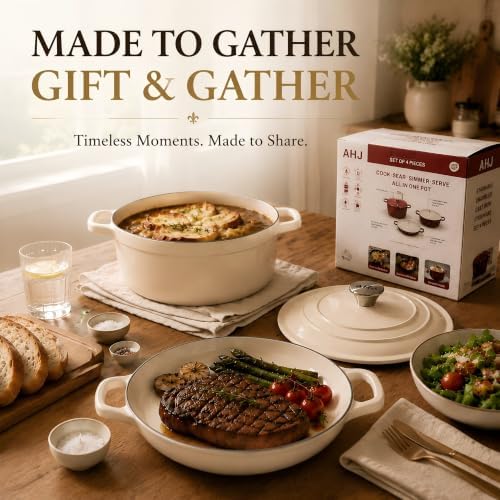 AHJ Enameled Cast Iron Dutch Oven Set - 4 Piece Cookware Set with Lids