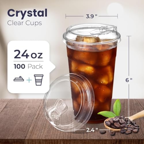 Fit Meal Prep 100 Pack 24 oz Clear Plastic Cups with Strawless Sip Lids, Disposable Plastic Coffee Cups with Lids, To Go Cups for Iced Coffee, Smoothies, Soda, Party Drinks, Bubble Tea, Cold Beverage