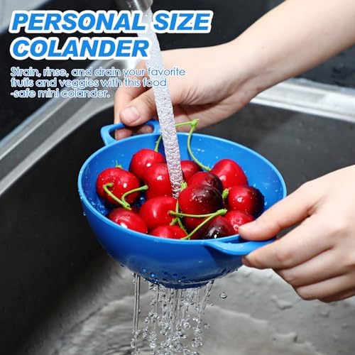 Baderke 4 Pack Mini Colander for Kitchen Plastic Berry Strainer with Double Handles 7.5 x 6 x 3 Inch Small Colander Strainer for Fruits Vegetables Food (Green,Red,Blue,Lemon Yellow)