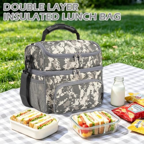 FlowFly Double Layer Cooler Insulated Lunch Bag Adult Lunch Box Large Tote Bag for Men, Women, With Adjustable Strap,Front Pocket and Dual Large Mesh Side Pockets