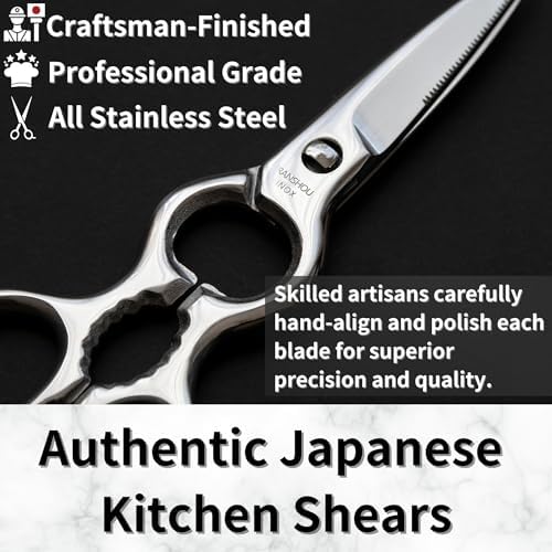 Japanese Kitchen Shears All Purpose 8" Heavy Duty Food Scissors Come Apart Blade, All Metal Japanese Stainless Steel, Made in Japan