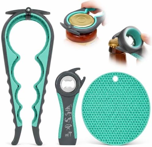 KORCCI Jar Opener for Weak Hands, Seniors with Arthritis, 3-Piece Set with 5-in-1 Bottle Opener, Can Opener & Non-Slip Rubber Gripper Pad, Easy Grip Lid Opener for Arthritic Hands