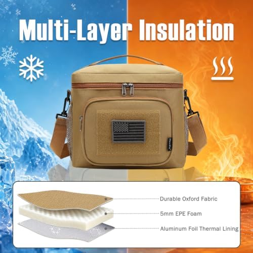 FlowFly Tactical Lunch Bag Large Insulated Lunch Box Cooler Tote for Men, Women with MOLLE/PALS Webbing(Brown, Medium)