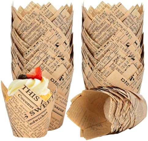 120PCS Tulip Cupcake Liners for Baking Cups Newspaper Print Muffin Liners