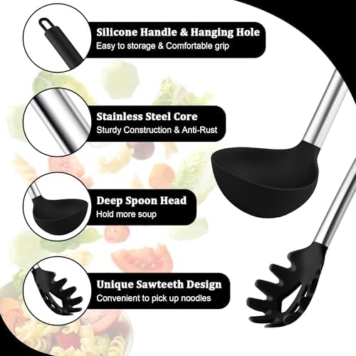 TeamFar Silicone Pasta Fork and Ladle, Nonstick Kitchen Utensils, Black
