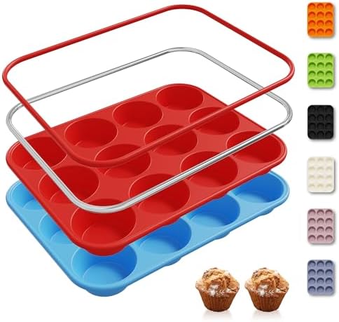 2 Pack 12 Cups Silicone Muffin Pan with Metal Reinforced Frame Regular Size Silicone Molds Cupcake Cake Baking Pans Cookie Baking Chocoflan Cupcake Mold Muffin Tray Dishwasher Safe BPA Free