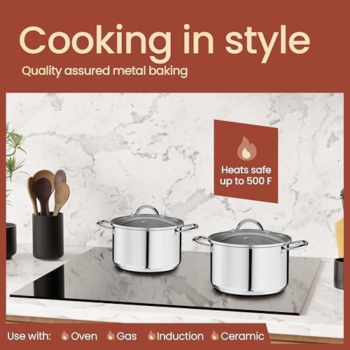 Stainless Steel Stockpot with Tempered Glass Lid 3 Quart, Durable 18/0 Stainless Steel, Impact-Bonded Base for Even Heating, Riveted Handles, Oven & All Stove Compatible, Safe Up To 500°F (260°C)