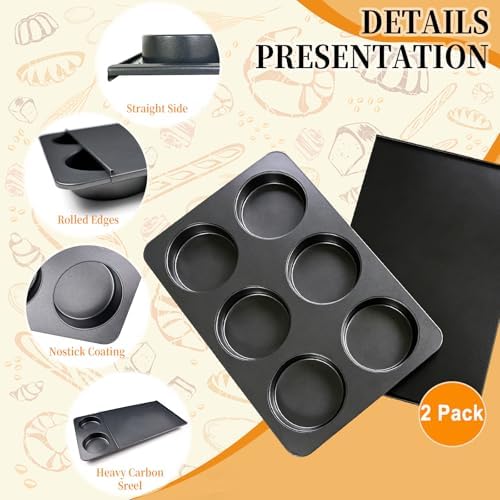 2 Pcs Muffin Top Pan with Lid, 3.6 Inch Non-Stick 6 Cup Straight Muffin Pan Cupcake Pan, Hamburger Bun Pan for Baking Egg Sandwich Frittata Cinnamon Roll