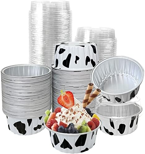 100Pcs Aluminum Cups with Lids,5oz Disposable Ramekin Baking Cups Muffin Liners Mini Pie Pans Foil Cupcake Containers for Christmas Party Wedding Party,Cow Print