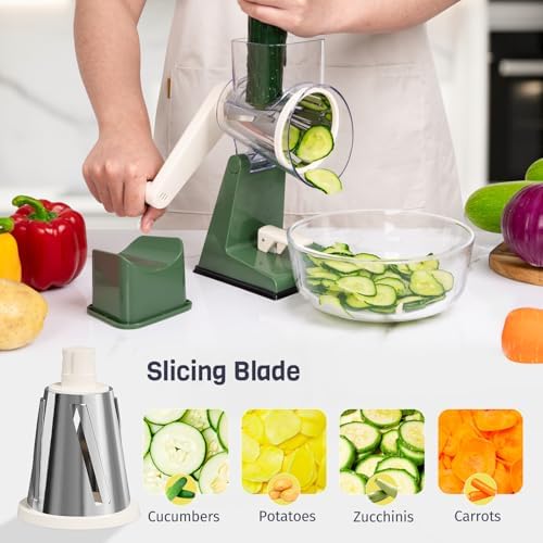 Upgraded Rotary Cheese Grater with 3 Interchangeable Stainless Steel Drums, One-Press Powerful Suction Manual Vegetable Shredder & Slicer for Kitchen, 15pcs Storage Bags Included, Olive Green