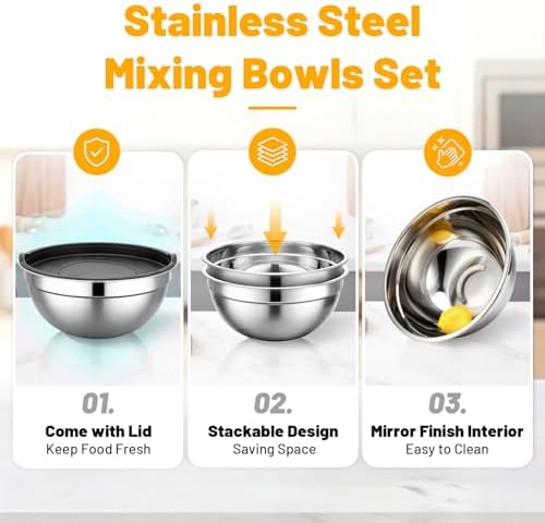 Beasea Stainless Steel Mixing Bowl with Lids, 2 Pack 5 QT Metal Large Stainless Mixing Bowls with Lids Set, Stackable Baking Bowl for Kitchen, Meal Prep, Serving and Cooking