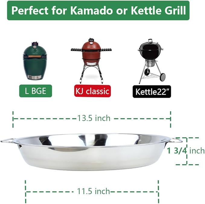 Stainless Steel Drip Pan for Big Green Egg Large-Big Green Egg Accessories Replacement Parts Roasting Pan, Also Fit Weber Kettle Charcoal Grills Kamado, 13.5 inch