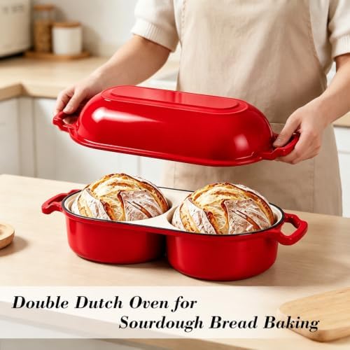 Double Dutch Oven for Sourdough Bread Baking, Enameled Cast Iron Bread Pot with Lid, Double Round Loaf Space, 500F Oven Safe, Non Stick Mini Loaf Pans for Homemade Cake Meatloaf