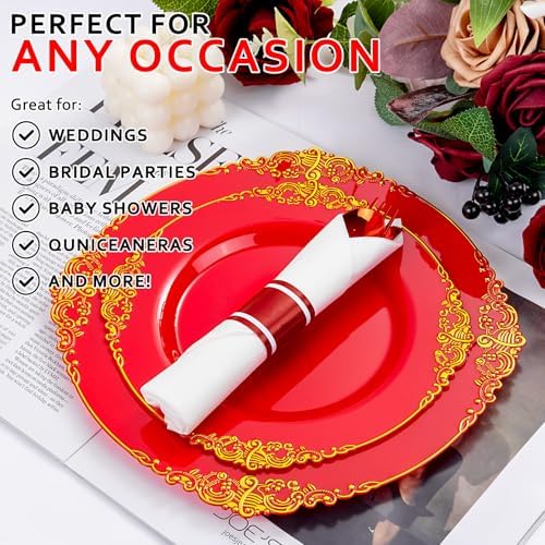 400PCS Pre Rolled Red Plastic Silverware Sets Heavy Duty for Wedding