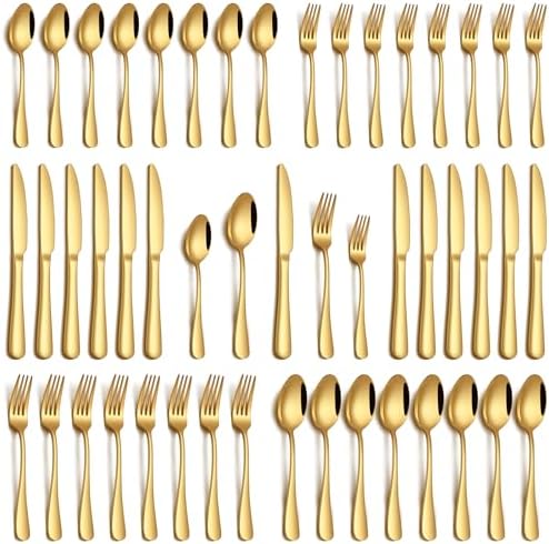 PHILIPALA 40 Piece Gold Silverware Set, Stainless Steel Flatware Set for 8 Food Grade Novelty Flatware Cutlery Utensil Set Include Knife Fork Spoon Mirror Polished Dishwasher Safe