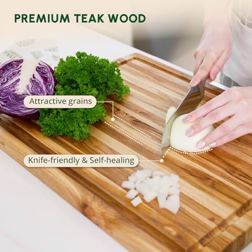 BEEFURNI Large Teak Wood Cutting Board with Juice Groove (22x16x1.25", L)