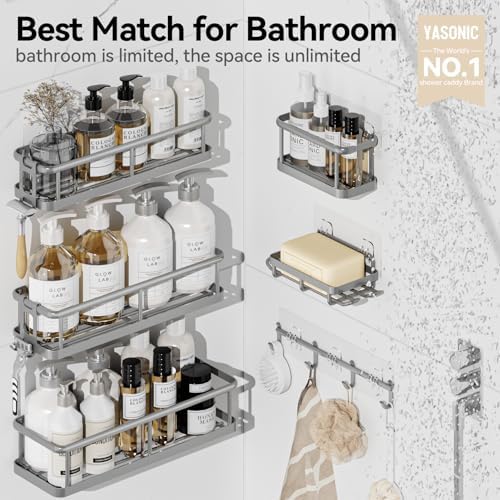 YASONIC Shower Caddy Adhesive, Rustproof Shower Organizer with Soap Holder, Large Capacity Shower Shelves for Inside Shower, No Drilling Bathroom Organizers and Storage for Home Decor（6 Pack Grey）
