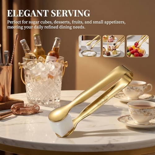 Mini Serving Tongs Set of 6, 4.25 Inch Gold Stainless Steel Small Tongs