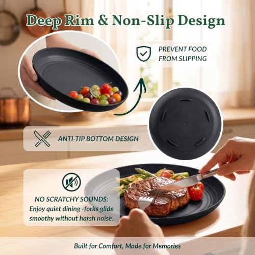 Homienly Wheat Straw Plates Set - 11 inch Reusable Large Dinner Plates Set of 8, Lightweight Unbreakable Salad Plates, Microwave and Dishwasher Safe Plates, Deep Plates for Dinner, Camping - Black