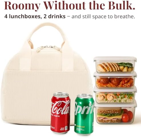 LOVELYWIND Lunch Box for Women, Cream Corduroy Insulated Lunch Bag