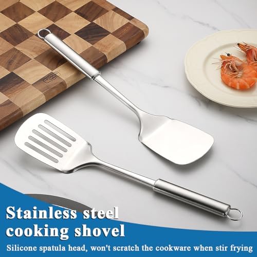 Stainless Steel Spatulas Set, ReaNea Silver Slotted Turner, Solid Turner, Heavy Duty Sturdy Kitchen Spatula High Heat Resistant, Ideal Cookware for Fish,Eggs,Pancakes, Dishwasher Safe, Easy to Clean