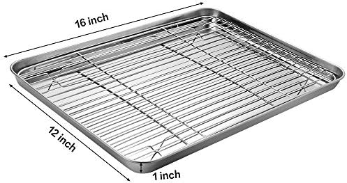 Stainless Steel Baking Sheet Tray Cooling Rack with Silicone Baking Mat Set, Cookie Pan with Cooling Rack, Set of 6 (2 Sheets + 2 Racks + 2 Mats), Size 16 x 12 x 1 Inch, Easy Clean (Pack of 2)