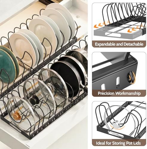 NomNest 2PACK Expandable (12"-24") Pots and Pans Organizer Under Cabinet with 32 Adjustable Dividers for Kitchen, Pot Lid Organizers Inside Cabinet, Pan Lid Holder