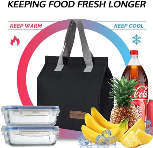 TELLUMO Insulated Lunch Bag for Men Women, Large Reusable Leakproof Lunch Box Container, Small Portable Thermal Snack Bag, Reusable Travel Office Work Beach Black Cooler Tote Bag for Adults, Dark