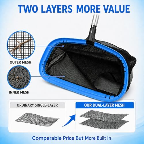 TidyMister Upgraded Full Double Layer Pool Net Rake,17.5'' - Outer Heavy Duty Self-Repair Net & Inner Fine Mesh Net for Particle Debris, Above Ground & In-ground Swimming Pools, No Poles
