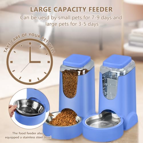 HWONMTE Portable Automatic Cat Feeder and Water Dispenser with Stainless Steel Bowl Dog Gravity Food Feeder and Waterer for Small Medium Pets Puppy Kitten 1 Gallon x 2 (Sapphire Blue)