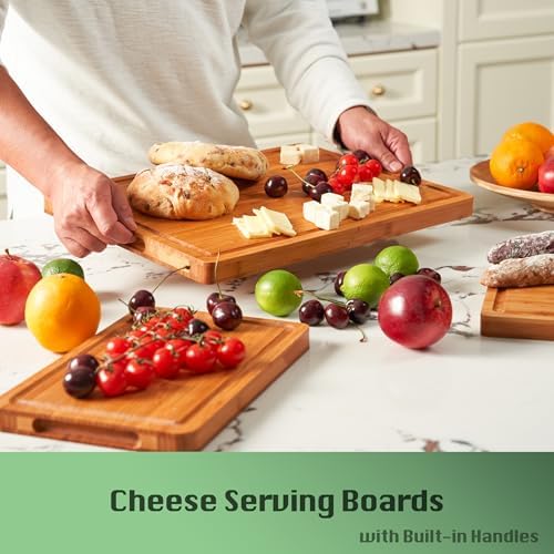 Allsum Bamboo Wood Cutting Board for Kitchen, 1" Thick Butcher Block, Cheese Charcuterie Board, with Side Handles and Juice Grooves, 16x11" (Pack of 2)