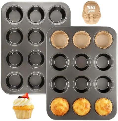 Artcochan 2 Pack Muffin Pan with 100 Cupcake Liners, 12 Cup Nonstick Cupcake Pan for Baking, Carbon Steel Baking Supplies Muffin Tin