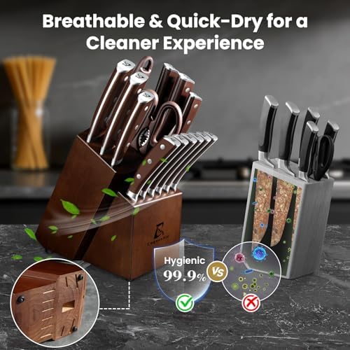 CoquusAid 15-Piece Kitchen Knife Set with Rubber Wood Block, New Upgrade
